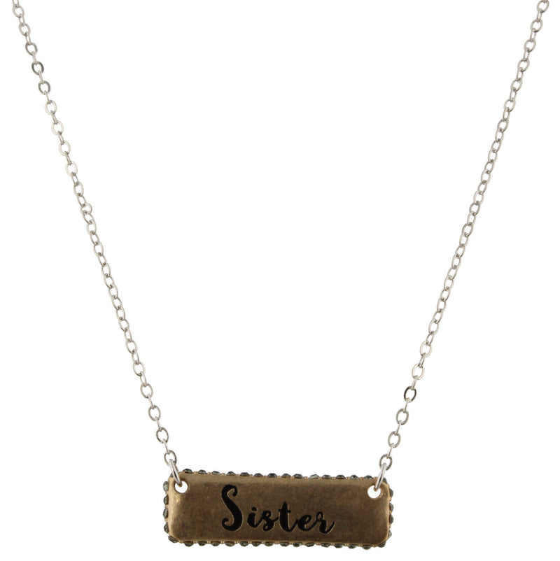 Sister Gold Pave Bar with 16 inch Silver Chain Necklace