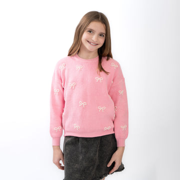 Tweenstyle Pearl Bows Crew Neck Sweater | Pink