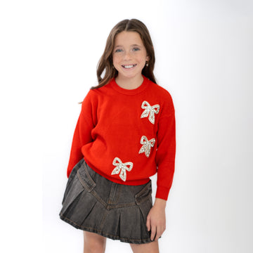 Tweenstyle 3 Bows On Crew Neck Sweater | Red