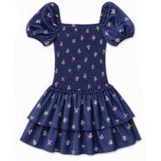 Theme Lexi Rose Bow Navy Satin Smocked Short Sleeve Ruffle Dress