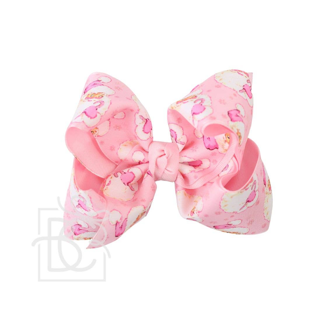 LAYERED LIGHT PINK SANTA PRINT HAIR BOW ON ALLIGATOR CLIP : 5.5" Huge