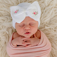 May Flowers Embroidered White Bow Hospital Hat