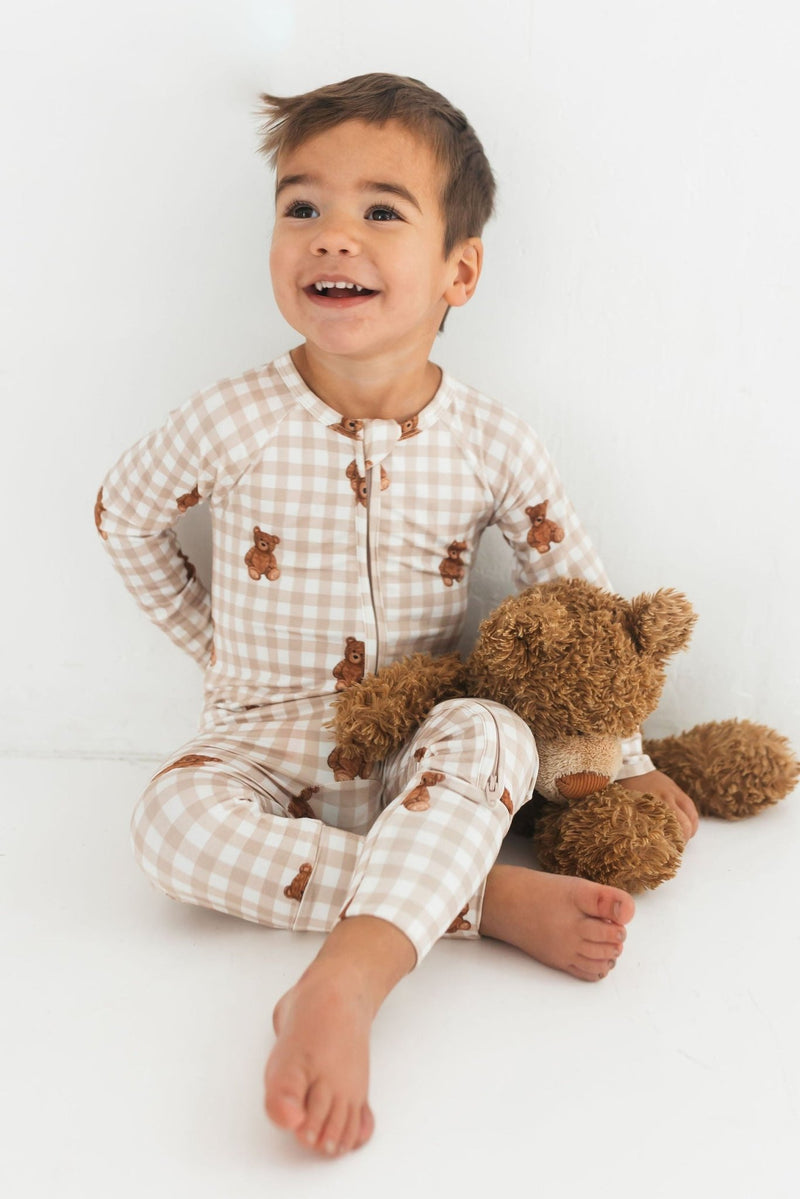 In My Jammers Teddy Gingham Zipper Romper - Baby Biz