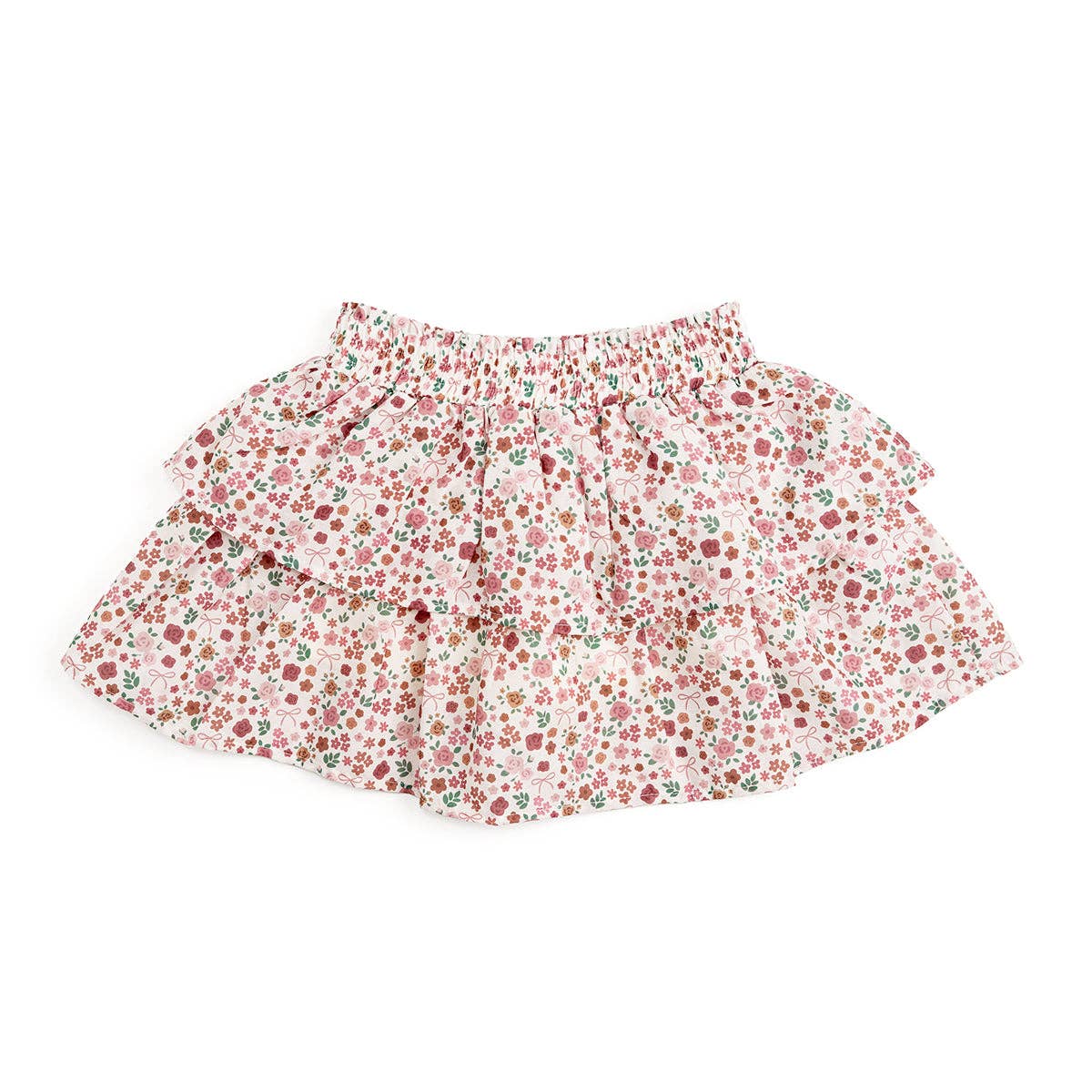 Ivory skort with floral and bow print, featuring two ruffled tiers and a smocked waistband.