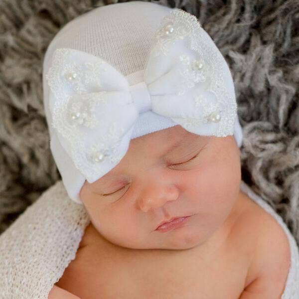 Ilybean Newborn Hospital Bow Hat White Pearl Lace Trim