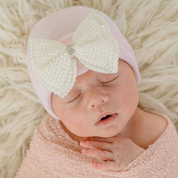Ilybean Pearl Bow Hospital Hat for Newborn Girls -Beige / NEWBORN