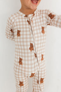 In My Jammers Teddy Gingham Zipper Romper