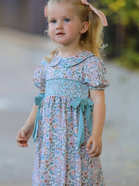 Sage Green Bow Floral Smocked Girl Dress