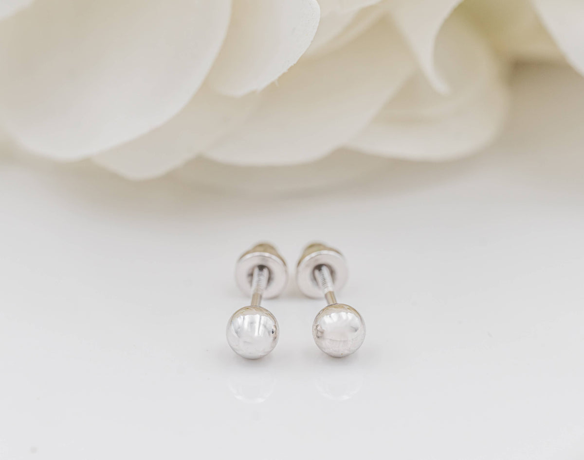 Sterling Silver Girls Screw-Back Silver Ball Stud Earrings