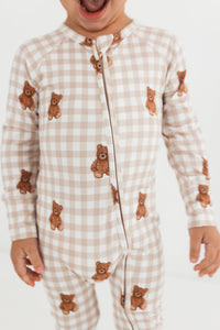 In My Jammers Teddy Gingham Zipper Romper
