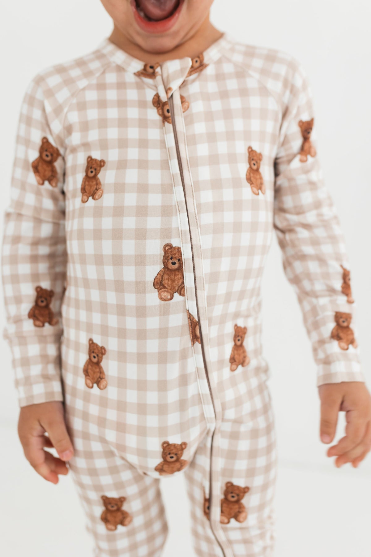 In My Jammers Teddy Gingham Zipper Romper