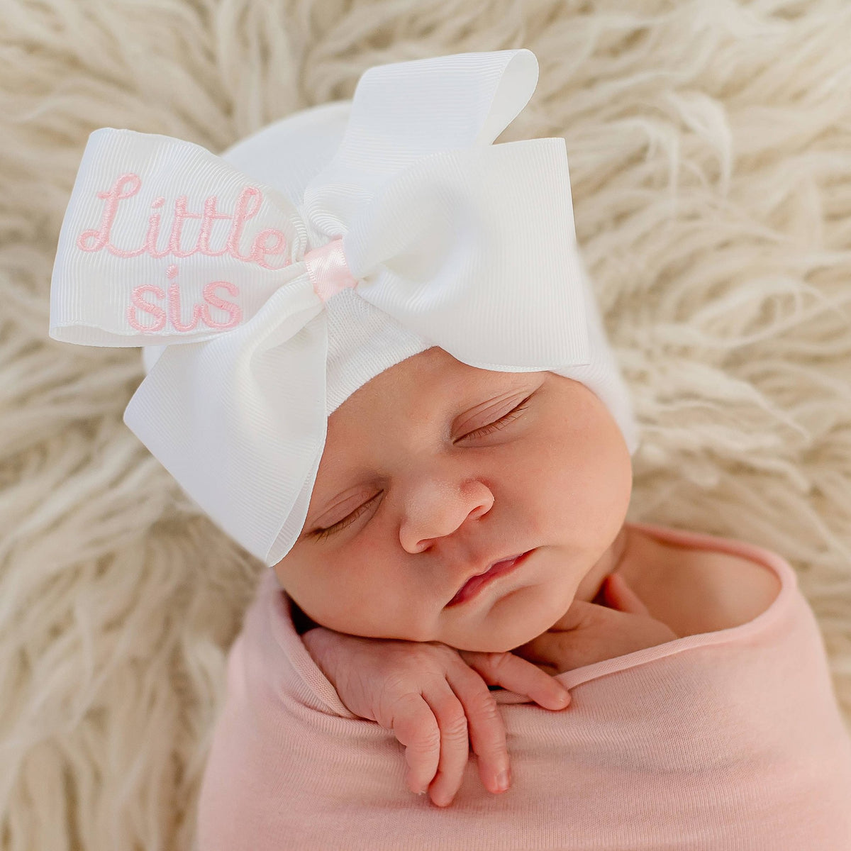 Little sis ribbon bow hat for baby sisters - newborn girls - Baby Biz