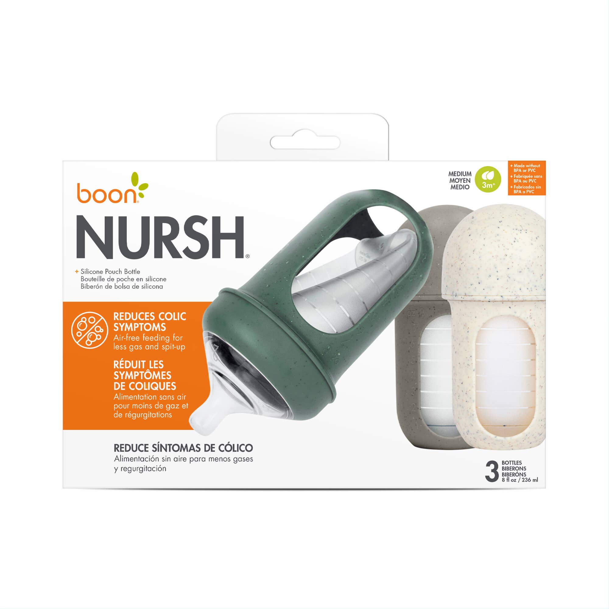 Boon Nursh Reusable Silicone Pouch Baby Bottles 3PK 8oz