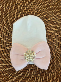 White Baby Beanie with Pink Bow and Rhinestone Pearl