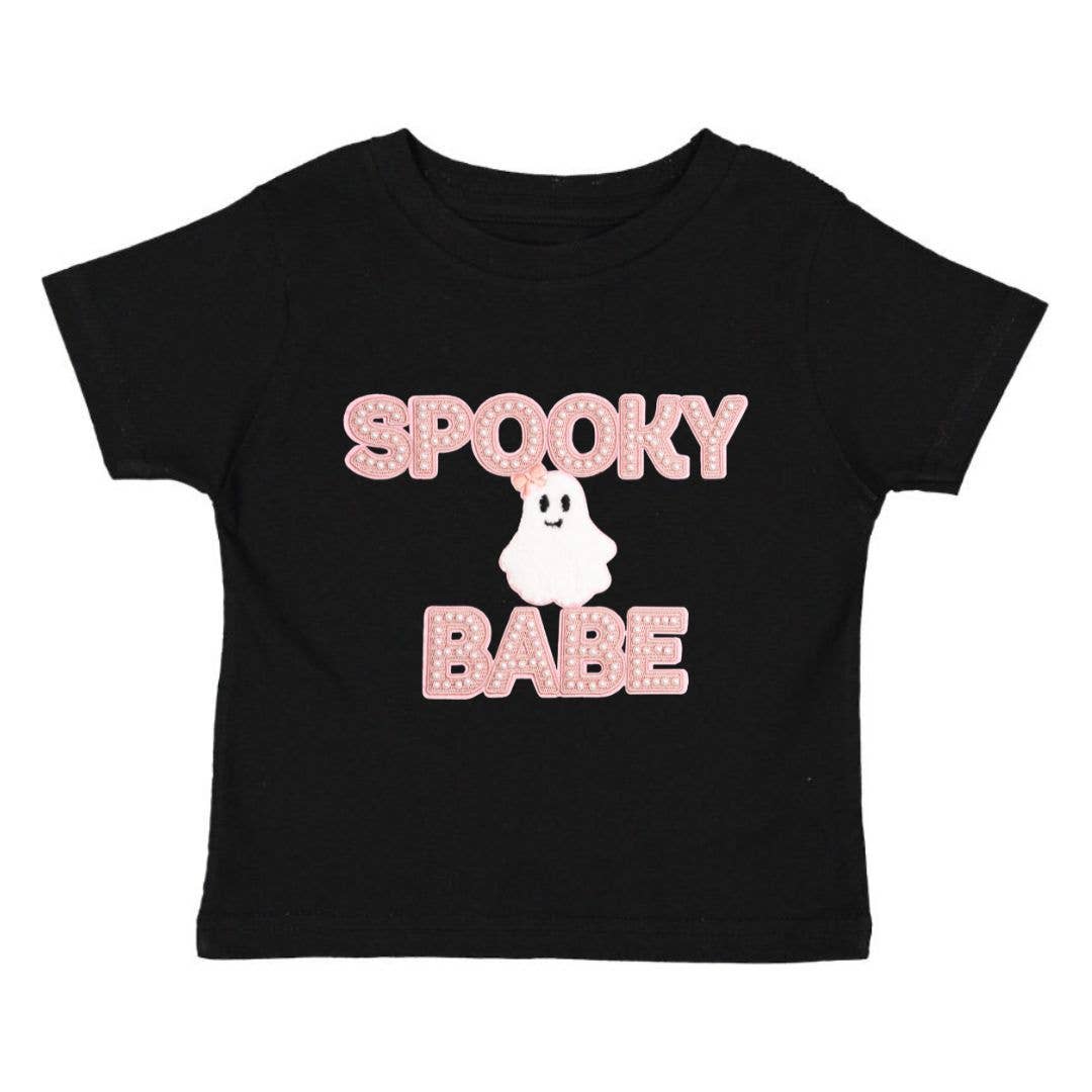 Black short sleeve t-shirt with 'Spooky Babe' patch in mauve embroidery, pearls, and pink felt outline.