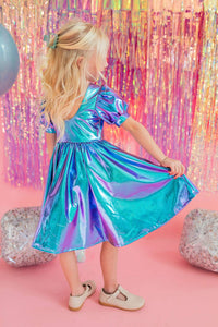 Puff Dress in Aqua Lamé