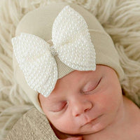 Ilybean Pearl Bow Hospital Hat for Newborn Girls -Beige / NEWBORN