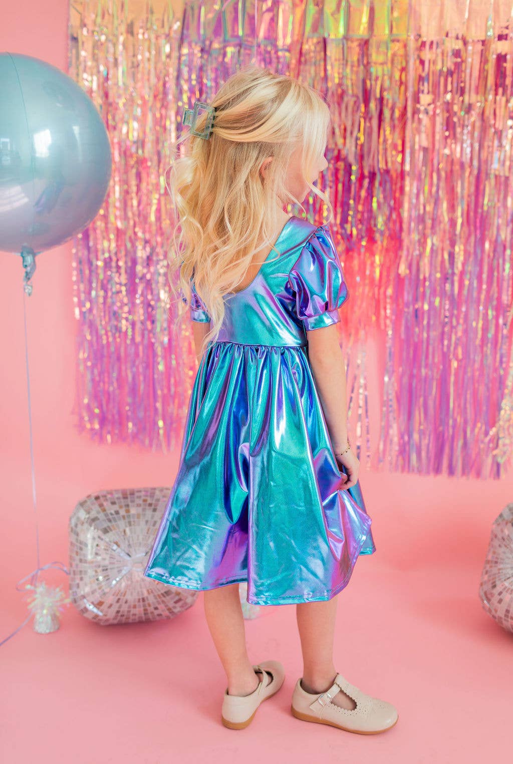 Puff Dress in Aqua Lamé