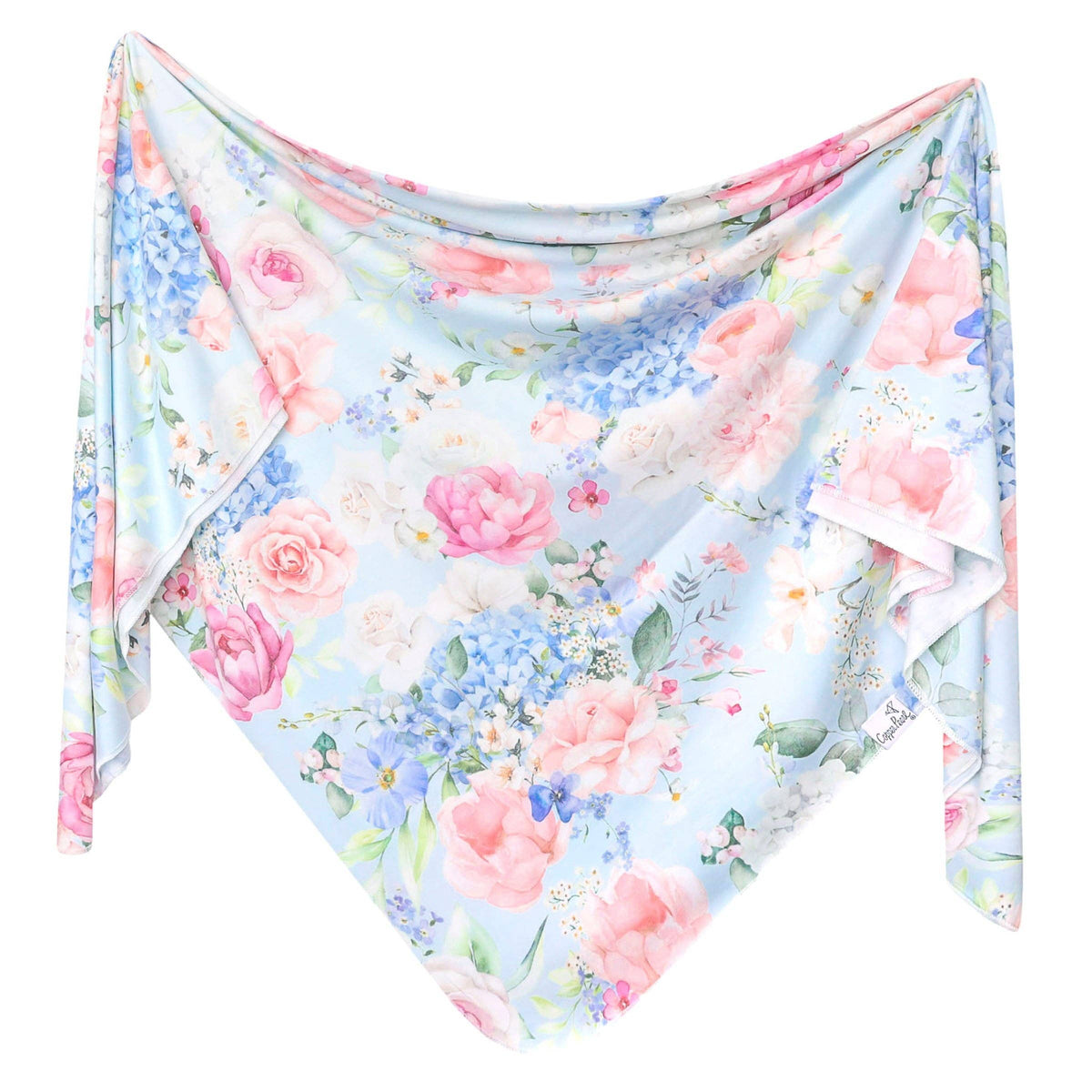 Floral-patterned swaddle with pink and blue flowers on a light blue background, draped elegantly.