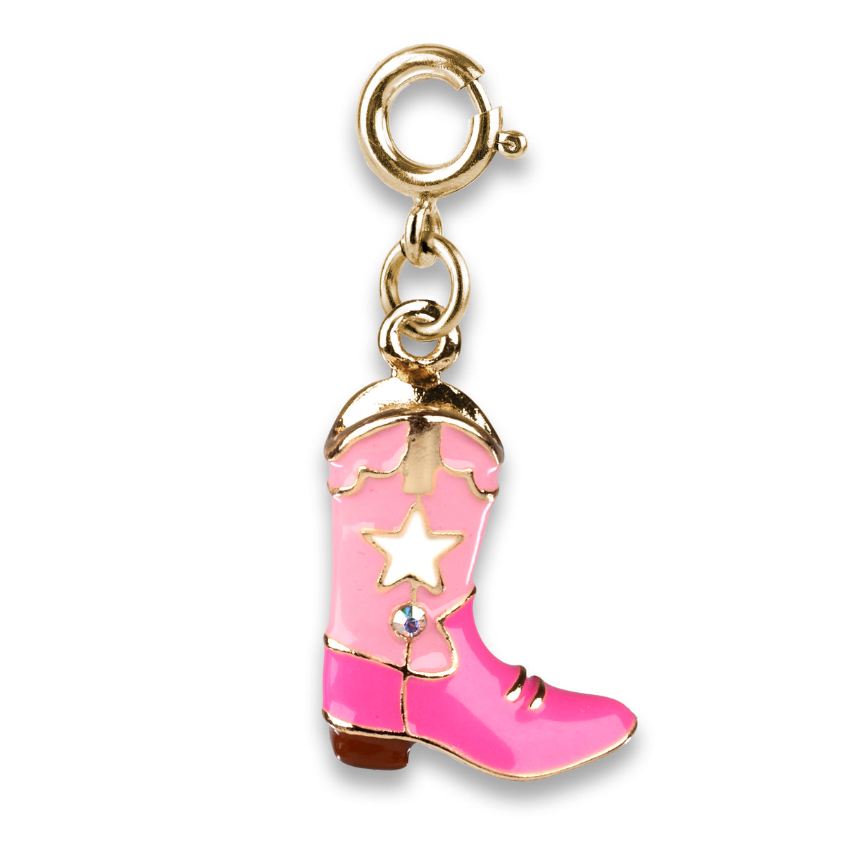 Pink cowboy boot charm with gold accents on a white background