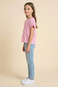 Hayden Girls Open Tulip Back Striped Knit T Shirt Pink