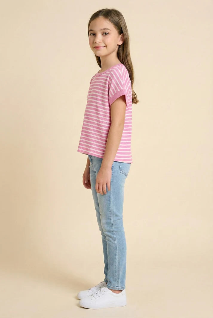 Hayden Girls Open Tulip Back Striped Knit T Shirt Pink