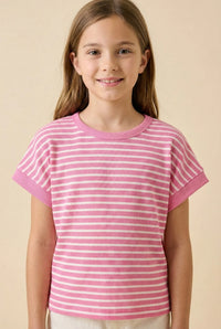 Hayden Girls Open Tulip Back Striped Knit T Shirt Pink