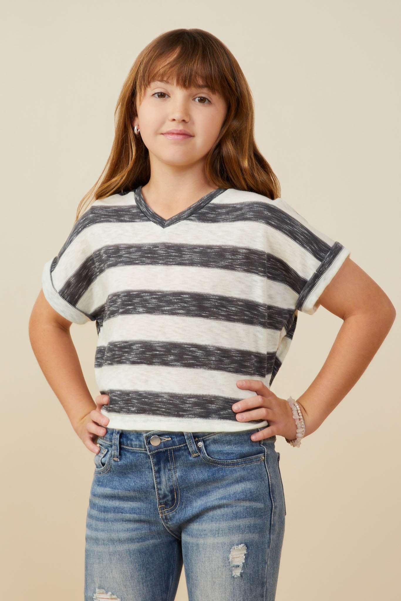 Hayden Heathered Stripe V Neck Knit Top
