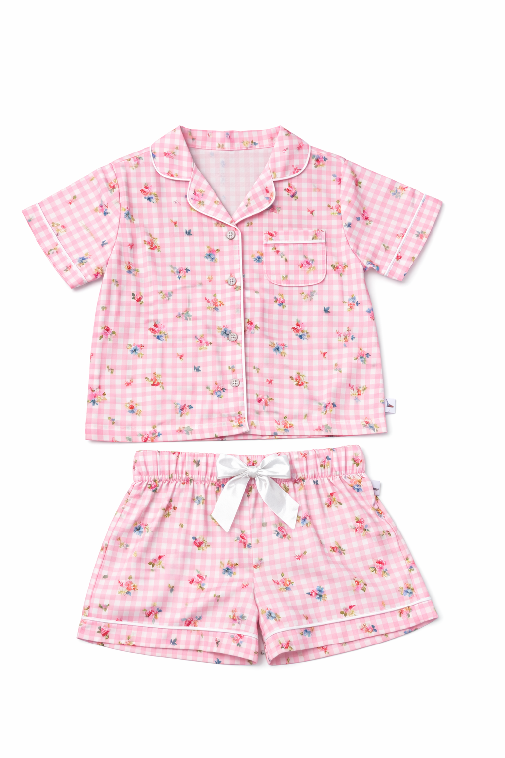 Preppy Goose Floral Gingham Short Sleeve Satin Pajama Short Set