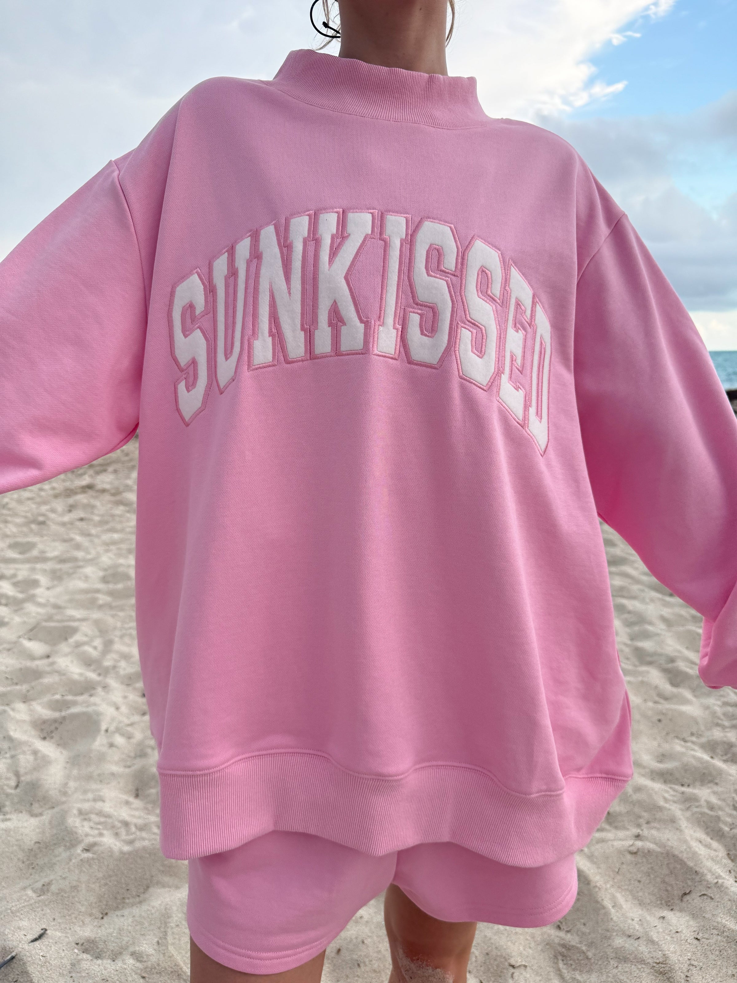 Sunkissed Coconut Lottie Pink Varsity Sunkissed Embroidered Mockneck Sweatshirt 100% Cotton