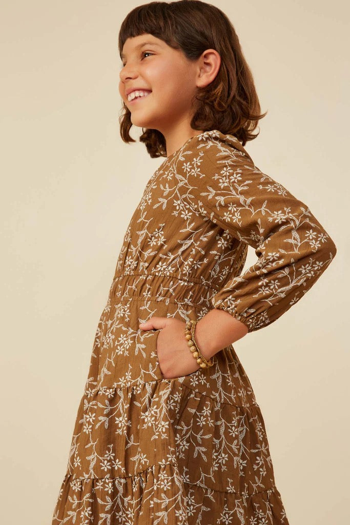 Notch Detail Long Sleeve Floral Embroidered Dress