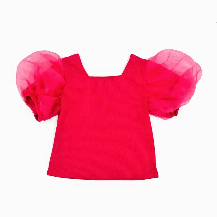 Blended Spirit Ribbed Mesh Puff Sleeve Top | Hot Pink