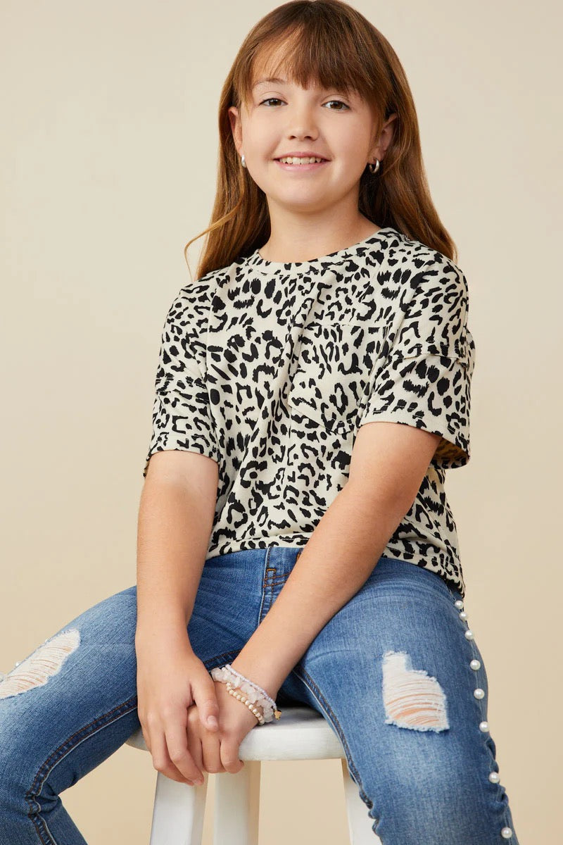 Girls Leopard Print Drop Shoulder Terry Tee