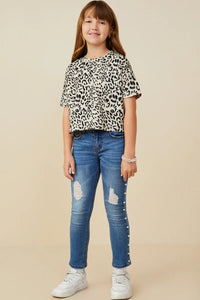 Girls Leopard Print Drop Shoulder Terry Tee