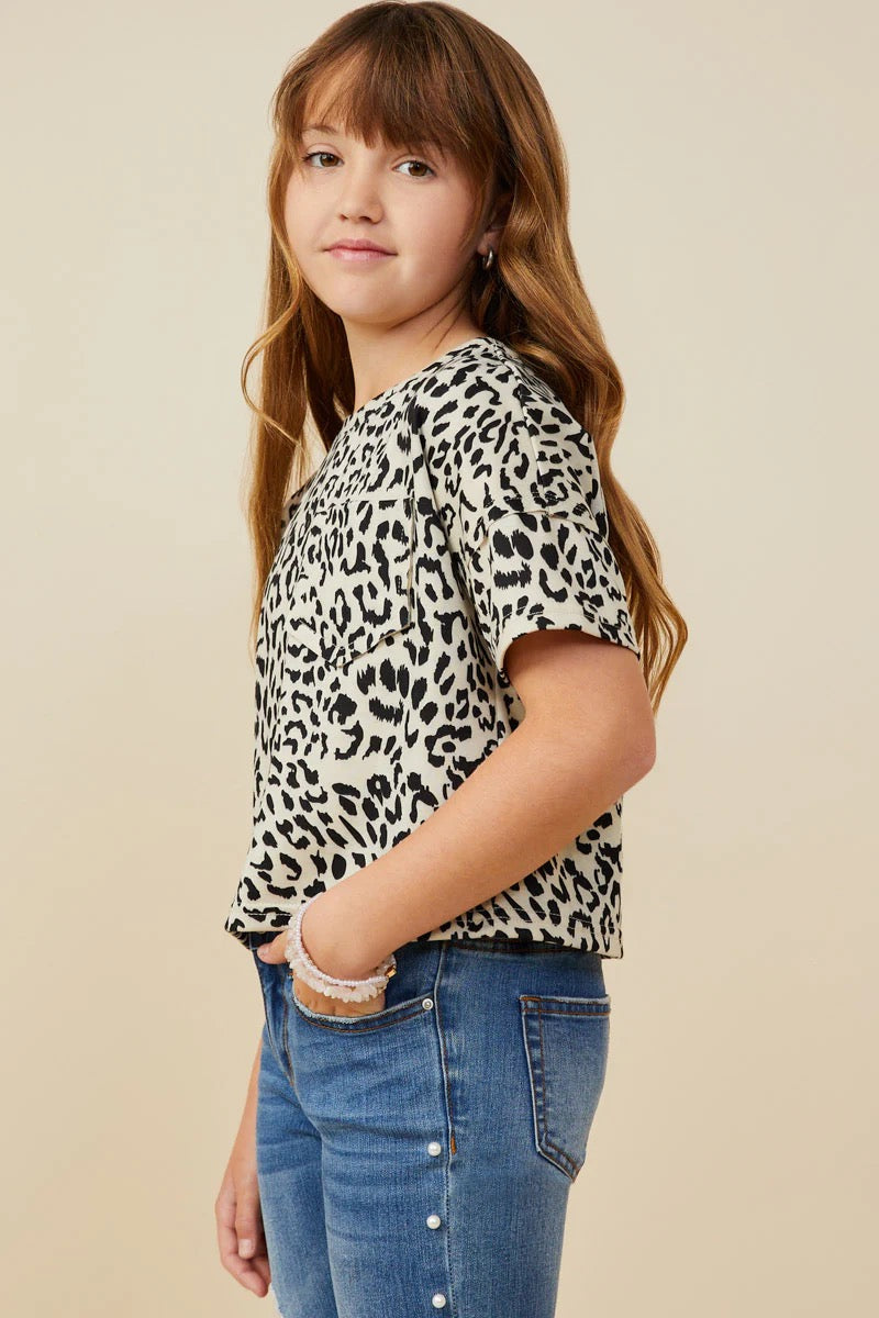 Girls Leopard Print Drop Shoulder Terry Tee