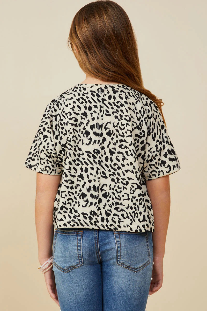 Girls Leopard Print Drop Shoulder Terry Tee
