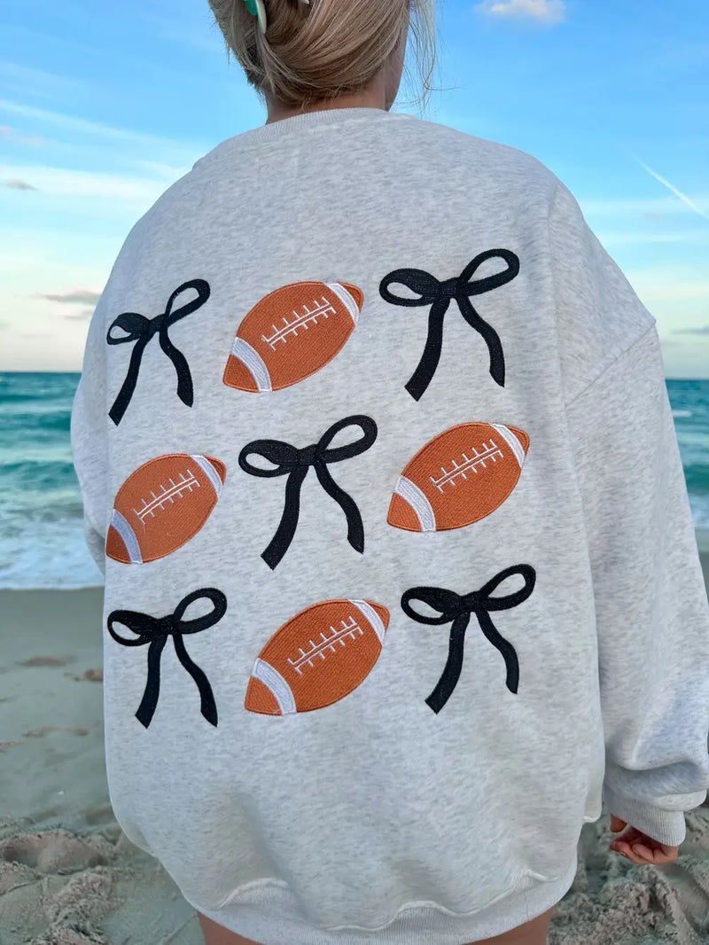 Sunkissed Coconut Game Day Embroider Football Bows Sweatshirt