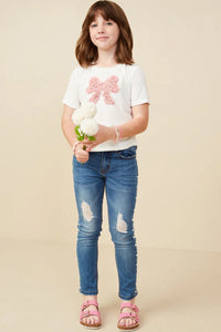 Hayden Girls Pearl Detailed Bow Patch Knit T Shirt