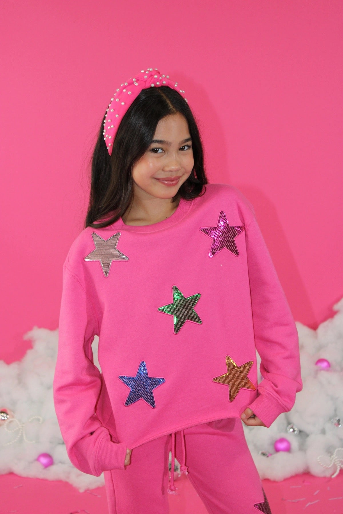 Paper Flower Sequins Stars Applique Sweatshirt | Carmine Rose
