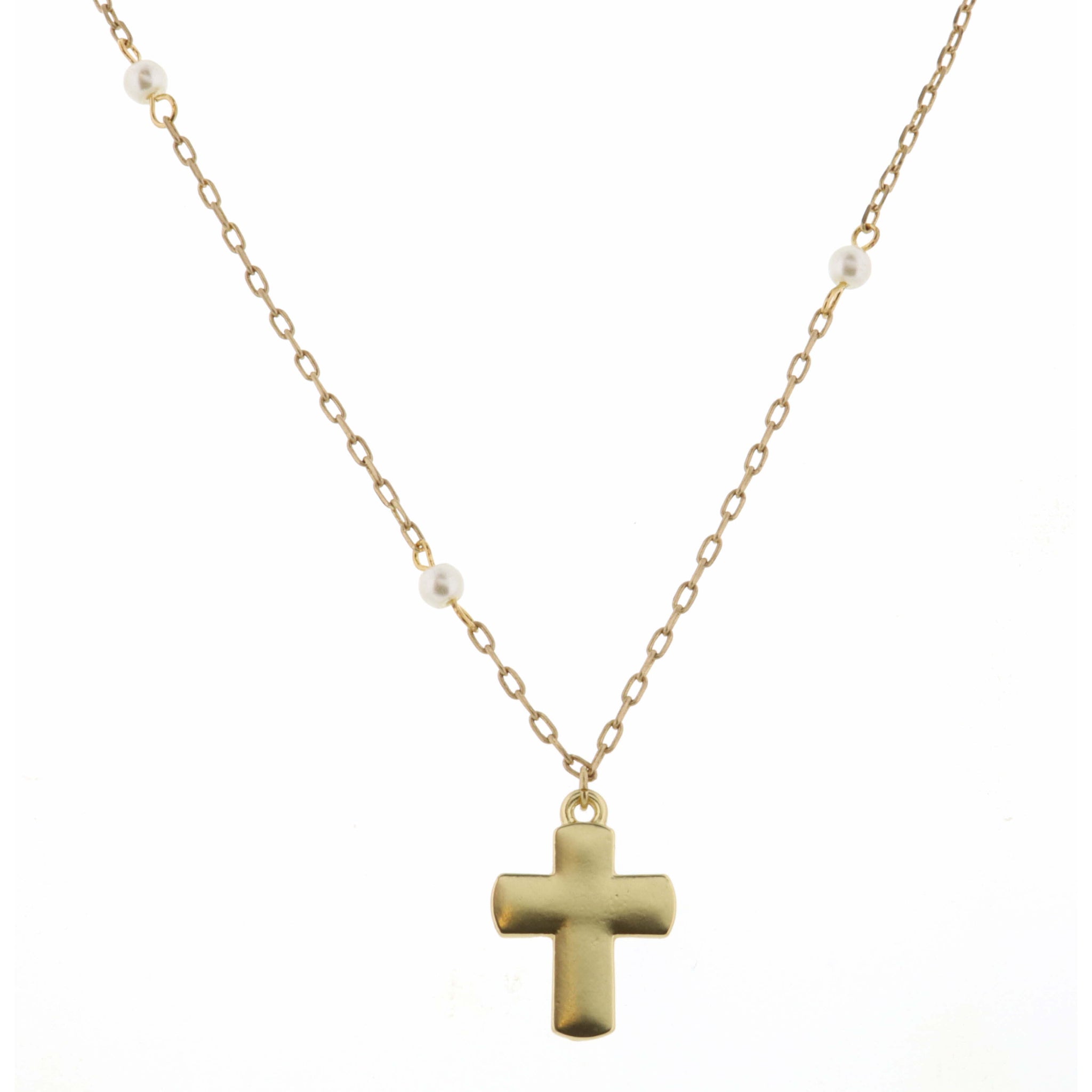 Jane Marie Kids 14" Pearl Station Chain with Gold Cross Necklace, 3" Ext