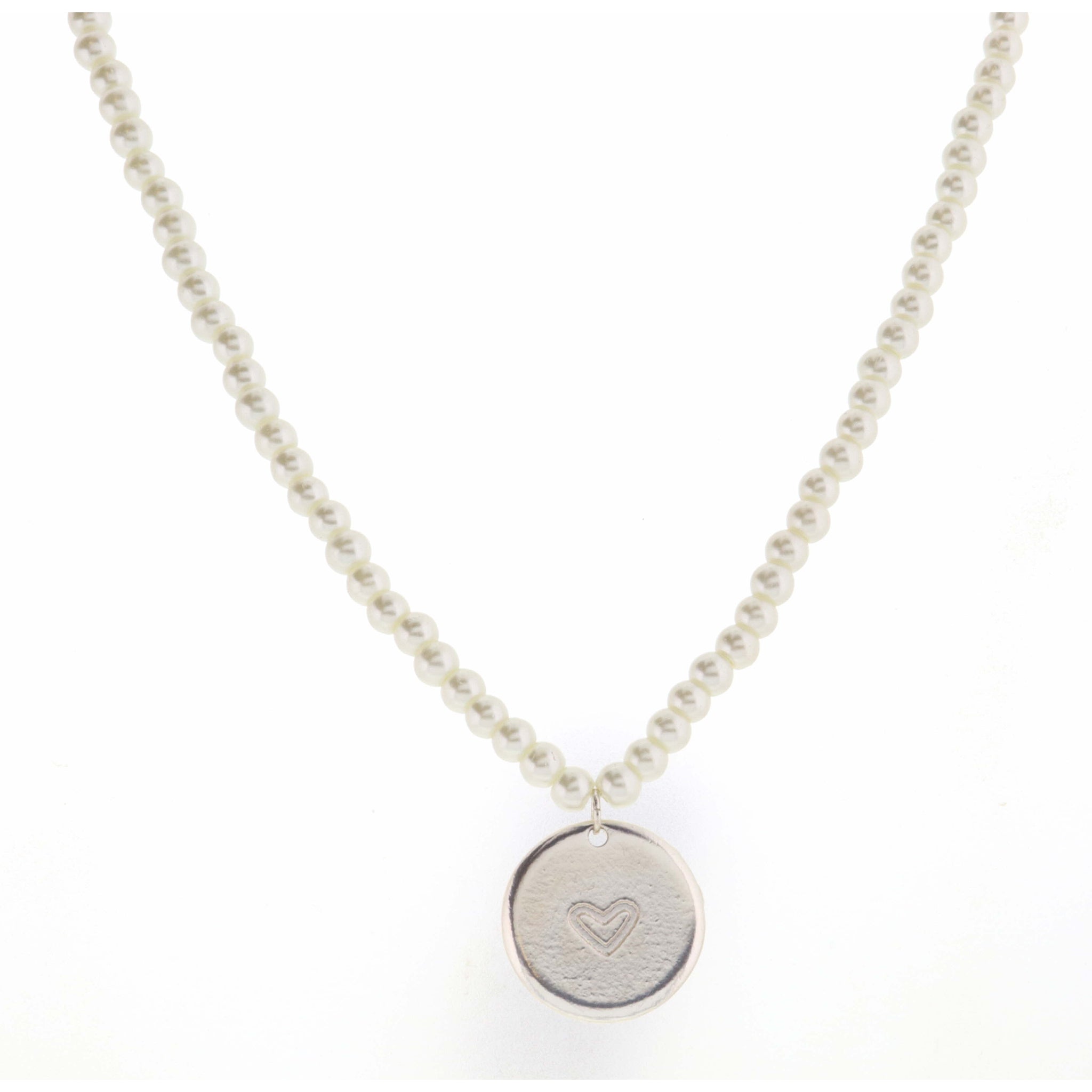 Jane Marie Kids 14" Pearl Body with Silver Disk with Heart Center Necklace, 3" Ext