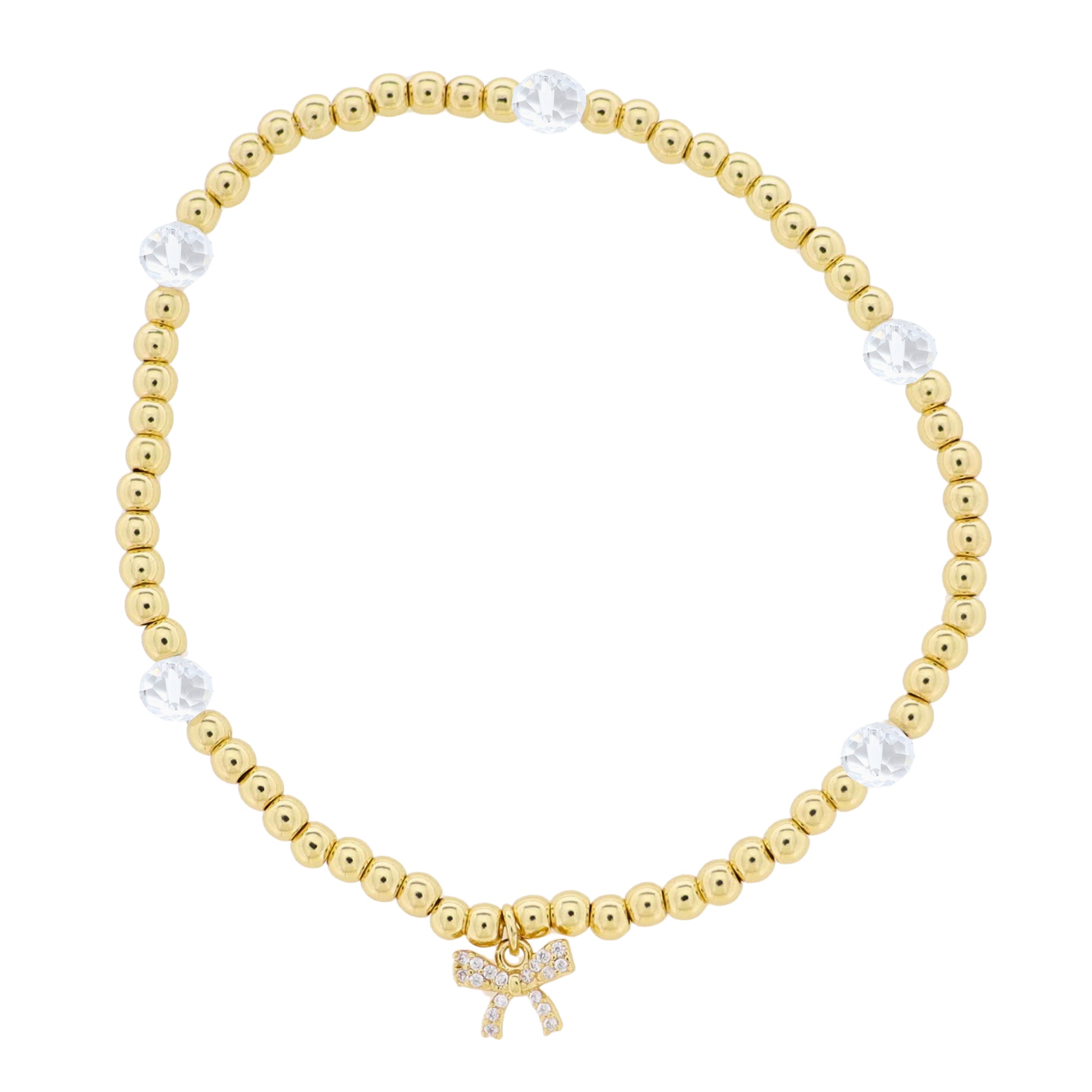 Jane Marie Kids 18K Gold Plated Gold & Clear Beaded Stretch Bracelet with Clear Crystal Bow