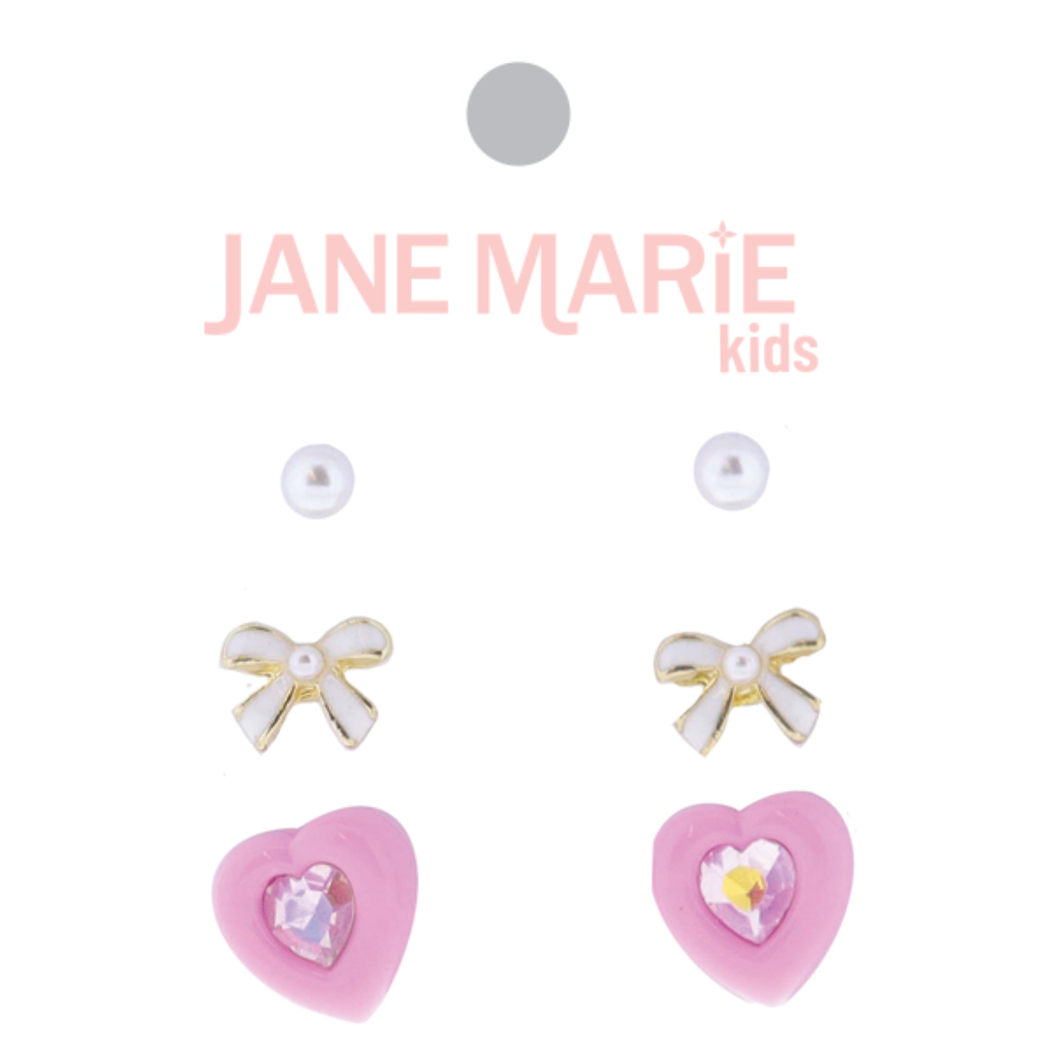 Jane Marie Kids Set of 3, Pearl, White Enamel Bow, Pink Heart with AB Center Earrings