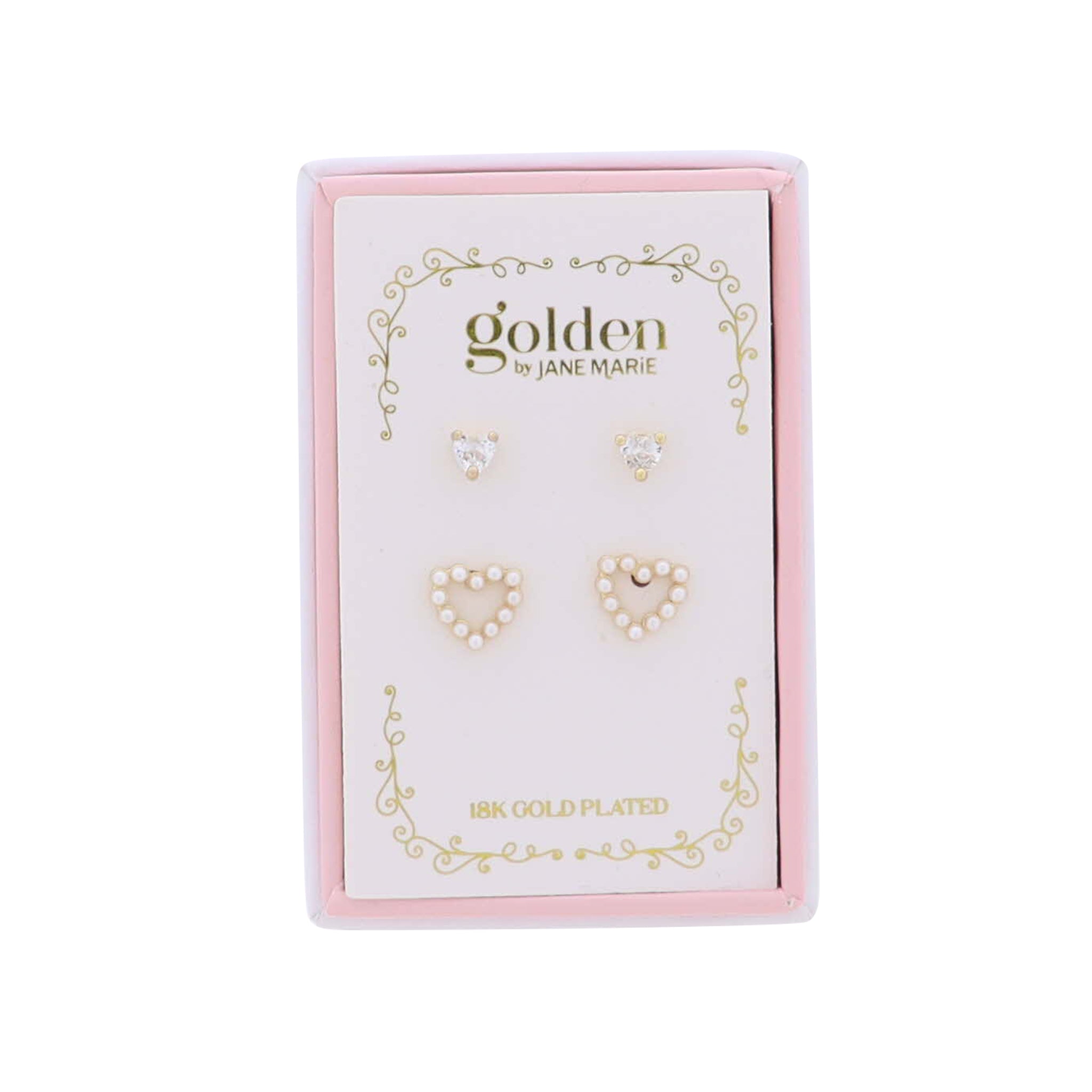 Jane Marie Kids 18K Gold Plated Set of 2 Clear Heart & Pearl Heart Stud Earrings