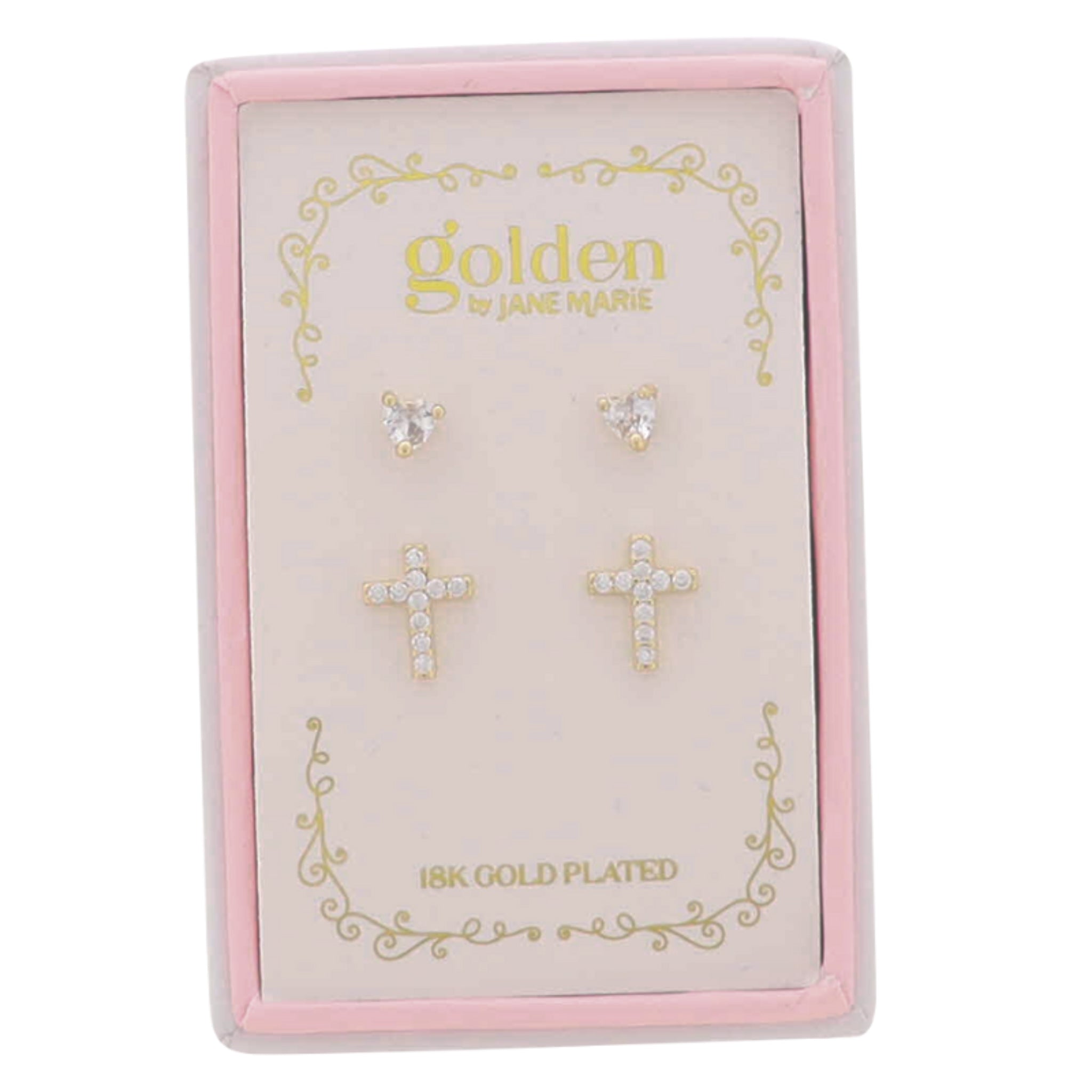 Jane Marie Kids 18K Gold Plated Set of 2 Heart & Cross Stud Earrings
