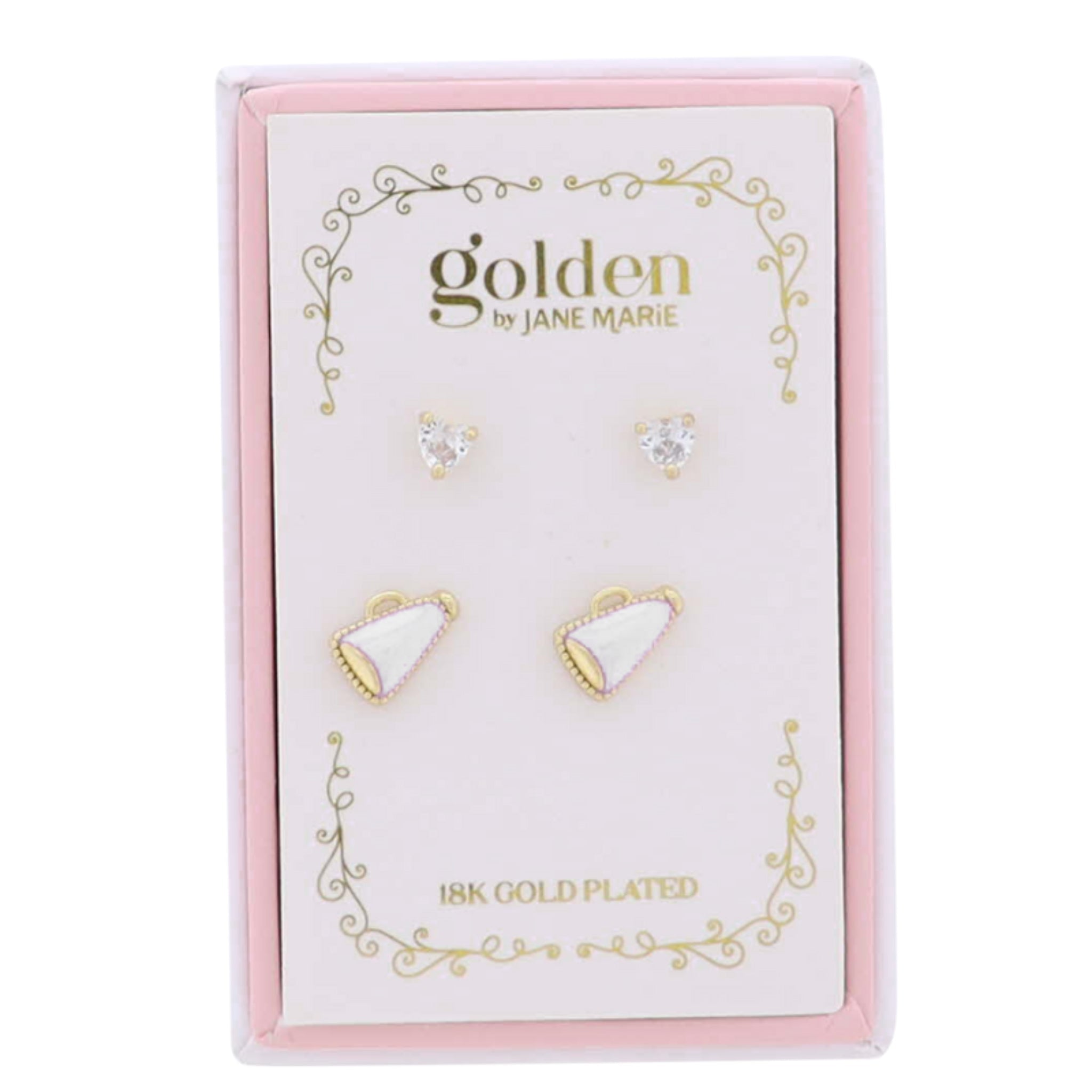 Jane Marie Kids 18K Gold Plated Set of 2 Heart & White Megaphone Stud Earrings