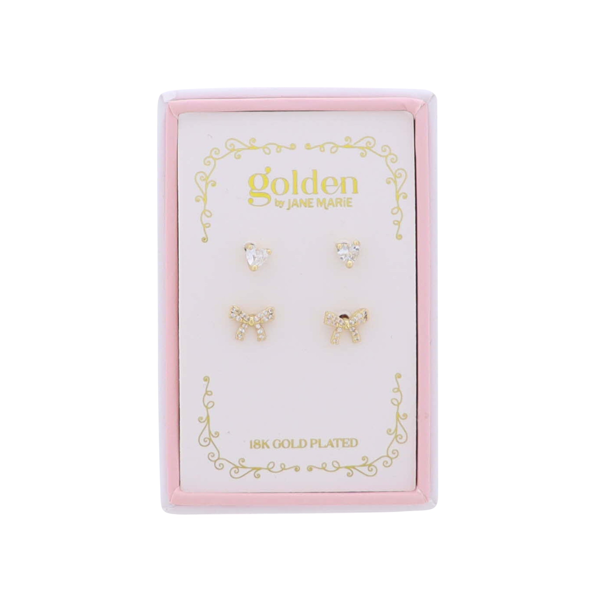 Jane Marie Kids 18K Gold Plated Set of 2 Heart & Bow Stud Earrings