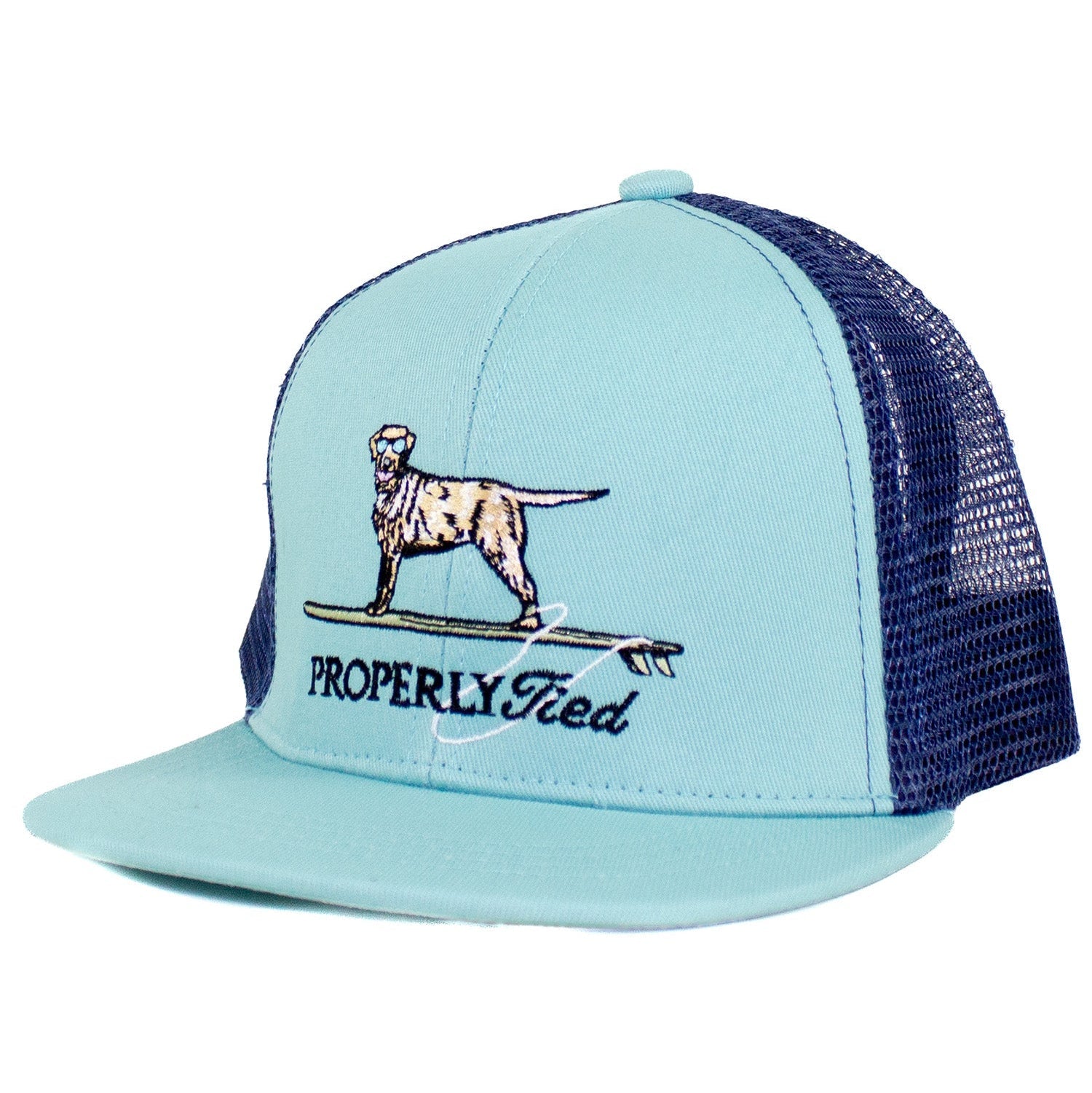 Properly Tied Boys Trucker Hat Surfing Dog