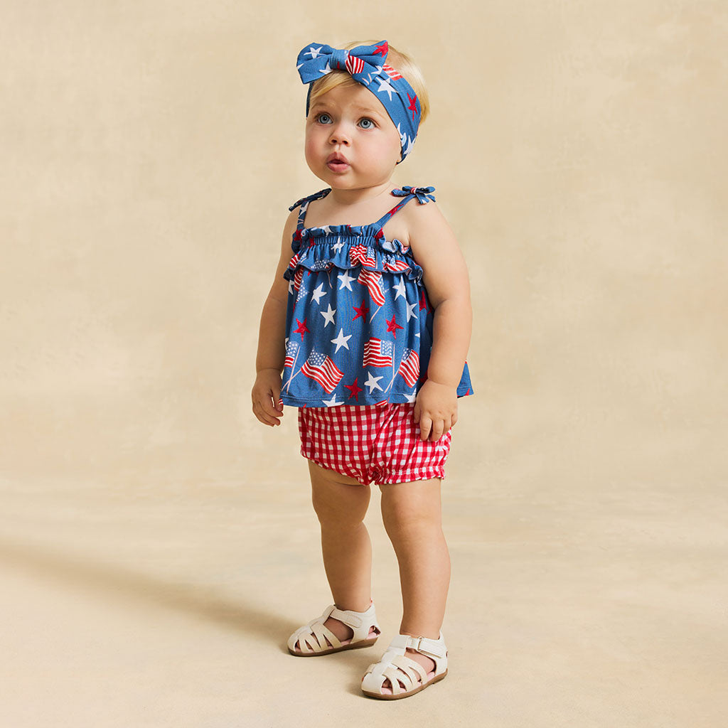 Posh Peanut Sam Bow Strap Ruffled Top Bummie Set