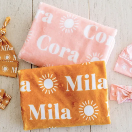 Sugar + Maple Plush Minky Fleece Personalized Blanket | Sun Icon Repeating Name